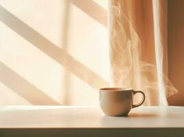 AI generated a coffee cup full of steam sits on a shelf, photo