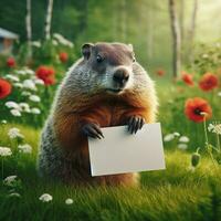 Groundhog in grass field garden and holding a blank white card on Groundhog Day photo