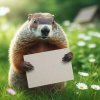 Groundhog in grass field garden and holding a blank white card on Groundhog Day photo