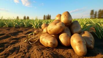 ai generado varios patatas en el campo son tendido en el suelo foto