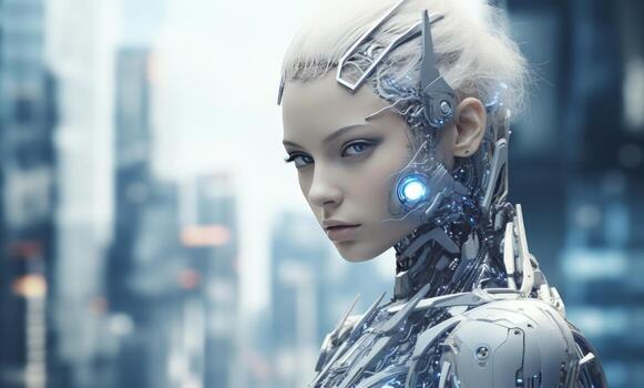 AI generated a blythe machine woman is standing in front of the city photo