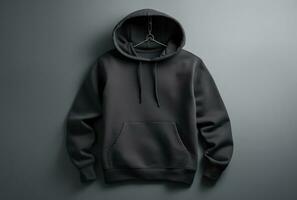 AI generated a black hooded sweatshirt hangs on a gray wall photo