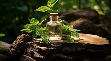 ai generado un botella con menta esencial petróleo en parte superior de un árbol tocón foto