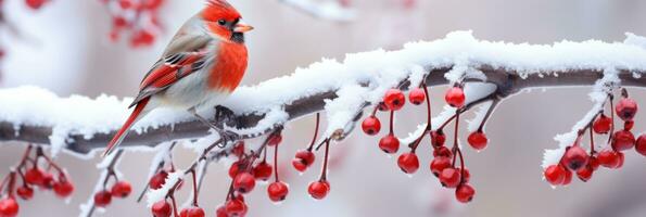 AI generated a bird perched in a branch with red berries photo