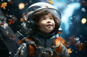 ai generado pequeño niña astronauta en espacio foto