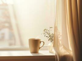 AI generated a coffee cup full of steam sits on a shelf, photo