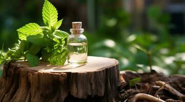 ai generado un botella con menta esencial petróleo en parte superior de un árbol tocón foto