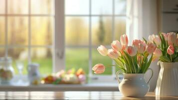 AI generated tulips in a vase in front of a kitchen window photo