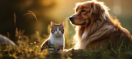 ai generado un perro y gato en césped foto