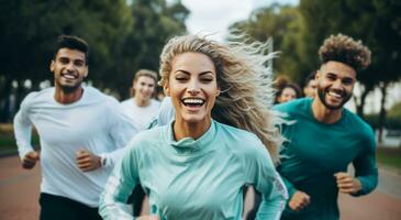 AI generated a group of laughing people run together in team photo