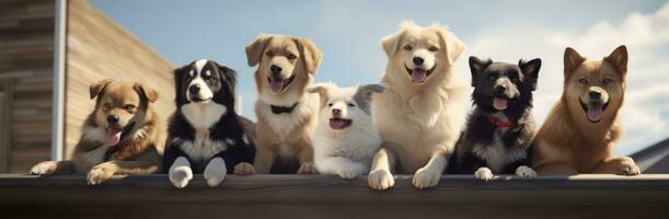 ai generado un grupo de perros son en un de madera cerca foto