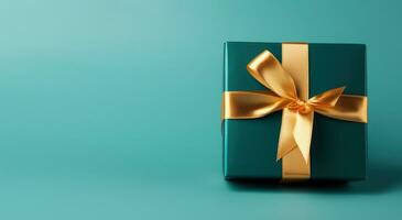 AI generated an empty gold gift box on an turquoise background photo