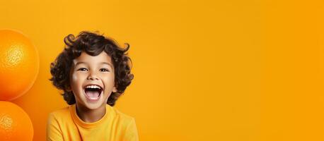 ai generado un pequeño niño sonriente en frente de un naranja fondo foto