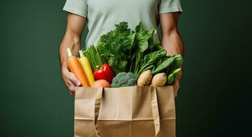 AI generated a man in an apron is standing holding a paper bag that has a bag of vegetables photo