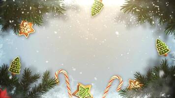 Animated closeup christmas green tree branches and toys on snow background video