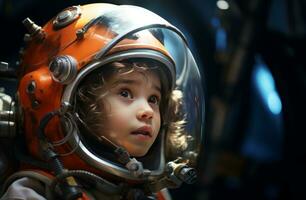 ai generado pequeño niña astronauta en espacio foto