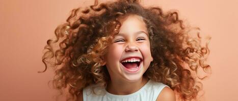 AI generated a young girl with long curly hair laughing photo