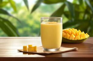 AI generated a mango smoothie on top of a wooden table photo