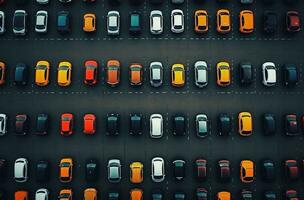 AI generated a large number of cars lined up in a parking lot photo