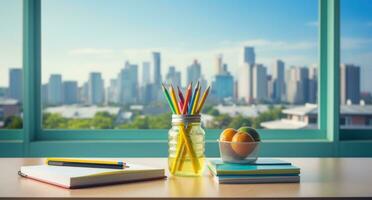 AI generated a notebook, pencils, and books on a desk photo