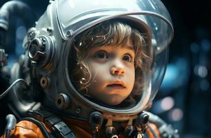 ai generado pequeño niña astronauta en espacio foto