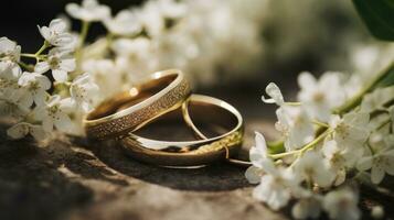 ai generado oro Boda anillos en blanco flores foto