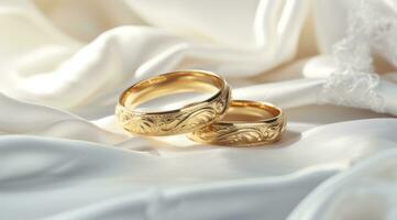 AI generated gold and white wedding rings on a white table cloth photo