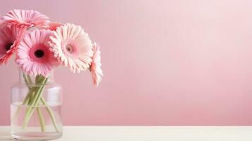 ai generado rosado pastel san valentin día antecedentes con Copiar espacio y gerbera flores en vaso florero foto