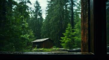 AI generated head from window of a cabin in forest photo