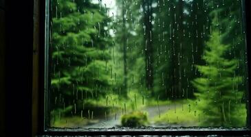 ai generado cabeza desde ventana de un cabina en bosque foto