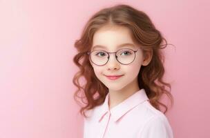 AI generated happy young girl wearing glasses on a pink background photo