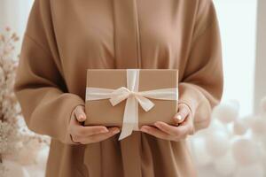 AI generated hands holding folded brown gift box gift packaging photo