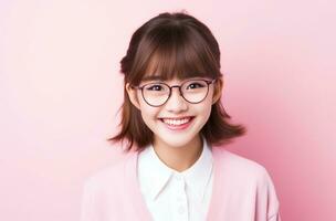 AI generated happy young girl wearing glasses on a pink background photo
