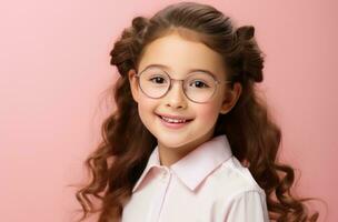 AI generated happy young girl wearing glasses on a pink background photo