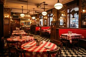 AI generated Restaurant interior with tables and chairs in Paris, France, A bustling New York style pizzeria with red-white checkered tablecloth, AI Generated photo