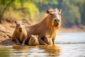 AI generated Horse family in the river at Okavango Delta, Botswana, A capybara family resting together on the banks of a river, AI Generated photo