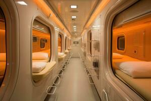 AI generated Interior of an airplane with empty seats and orange lights in the cabin, A capsule hotel room in Tokyo with high tech amenities, AI Generated photo