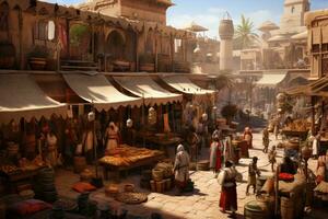 AI generated market in Fes circa September 2014 in Fes, A bustling bazaar scene with crowded stalls selling spices, fabrics, and artifacts, AI Generated photo