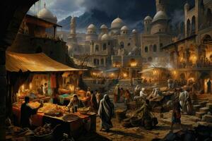 AI generated Digital painting of the holy city of Agra, Uttar Pradesh, India, A bustling bazaar scene with crowded stalls selling spices, fabrics, and artifacts, AI Generated photo