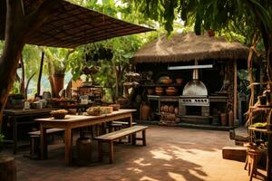 ai generado bambú café en bali, Indonesia. bali es uno de el más visitó lugares en Indonesia, un bullicioso al aire libre cocina en rural Vietnam, ai generado foto