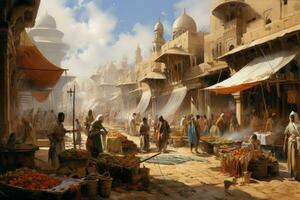 AI generated Indian people in the city of Jaipur, Rajasthan, India, A bustling bazaar scene with crowded stalls selling spices, fabrics, and artifacts, AI Generated photo