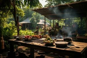 ai generado Cocinando en el cocina de un pueblo en el norte de tailandia, un bullicioso al aire libre cocina en rural Vietnam, ai generado foto