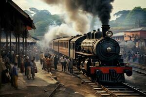 ai generado antiguo vapor locomotora en el ferrocarril estación. India, tamil nadu, un bullicioso ferrocarril estación en India con un vapor motor tracción en, ai generado foto