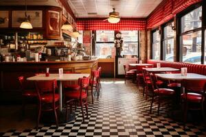 ai generado interior de un restaurante con rojo sillas y mesas. tonificado, un bullicioso nuevo York estilo pizzería con rojo blanco a cuadros Manteles, ai generado foto