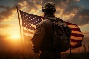 ai generado un soldado es participación un americano bandera mientras mirando a puesta de sol foto