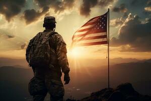 ai generado un soldado es participación un americano bandera mientras mirando a puesta de sol foto