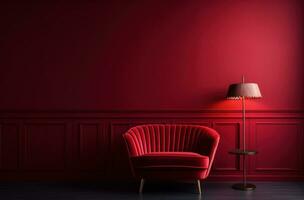 AI generated a red velvet chair in front of a red wall photo