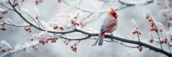 AI generated a red cardinal is sitting on a branch covered with red berries photo