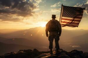 ai generado un soldado es participación un americano bandera mientras mirando a puesta de sol foto