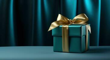 AI generated a gold box wrapping up a gold ribbon with a bluish background photo